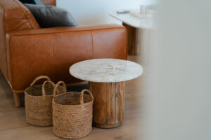 Coastal-inspired furnishings in the living room at Poinciana Holiday House